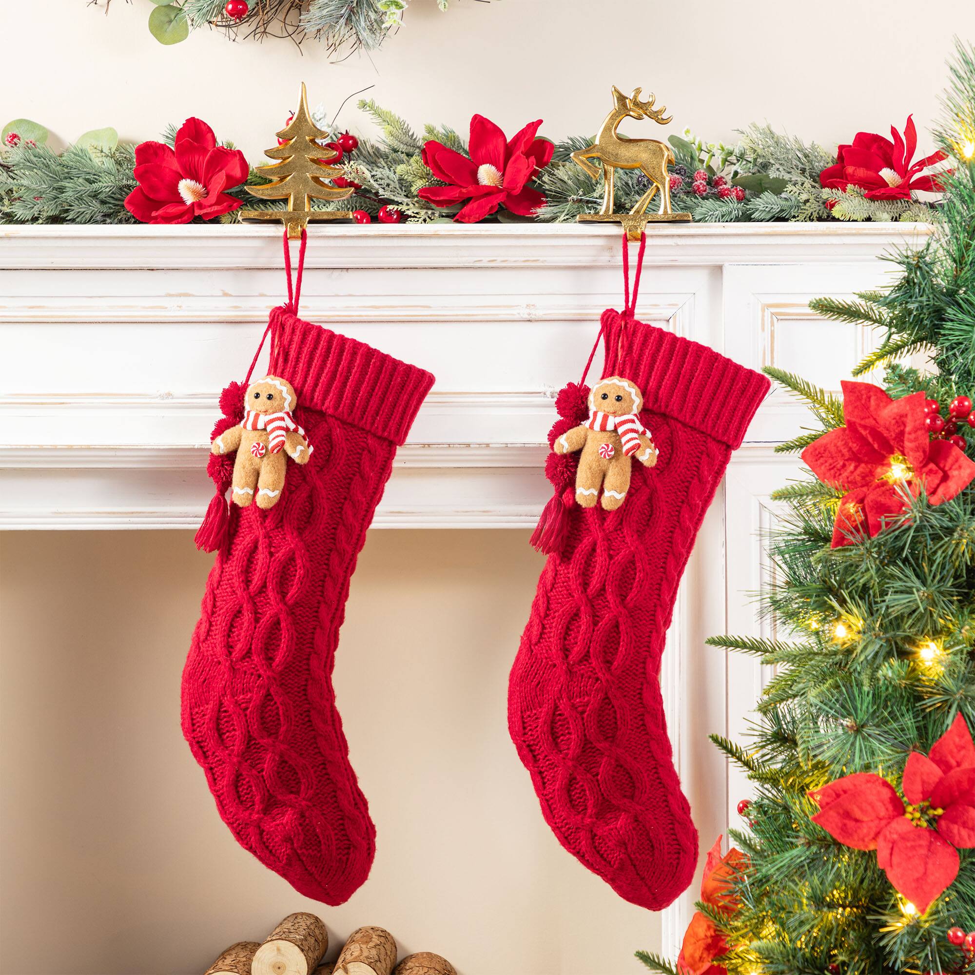 Glitzhome® 22"L Red Knitted Christmas Stocking with Gingerbread Man Ornament